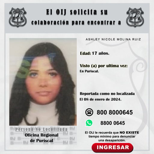 No localizada OIJ Puriscal: Ashley Nicole Molina Ruiz