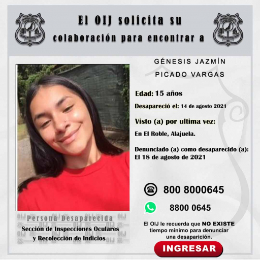 Desaparecida OIJ Alajuela: Génesis Jazmín Picado Vargas