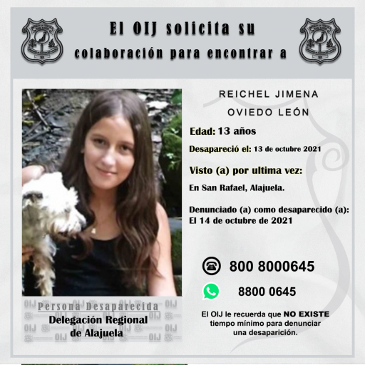 Desaparecida OIJ Alajuela: Reichel Jimena Oviedo León