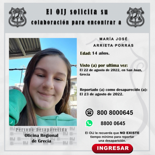 Desaparecida OIJ Grecia: María José Arrieta Porras