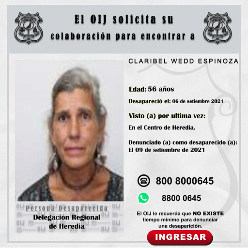 Desaparecida OIJ Heredia: Claribel Wedd Espinoza