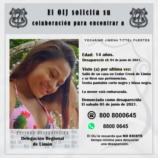 Desaparecida OIJ Limón: Yocarime Jimena Tittel Fuertes