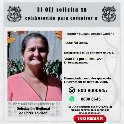 Desaparecida OIJ Pérez Zeledón: Rocío Yolanda Jiménez Agüero