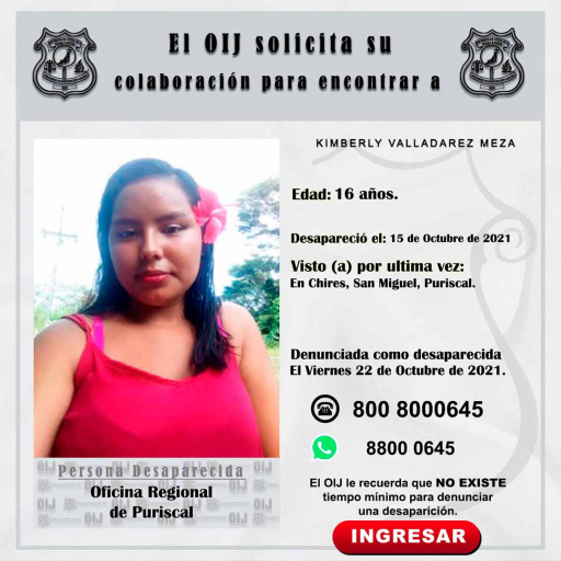 Desaparecida OIJ Puriscal: Kimberly Valladarez Meza