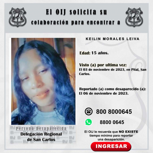 Desaparecida OIJ San Carlos: KEILIN MORALES LEIVA