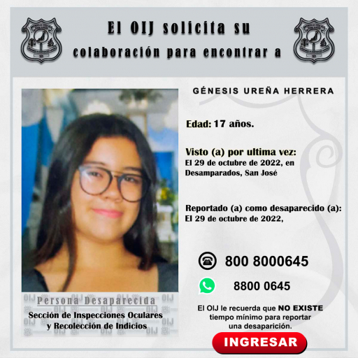 Desaparecida OIJ San José: Genésis Ureña Herrera