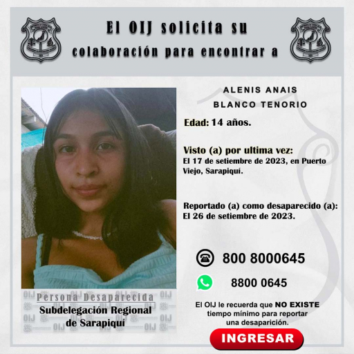 Desaparecida OIJ Sarapiquí: ALENIS ANAIS BLANCO TENORIO