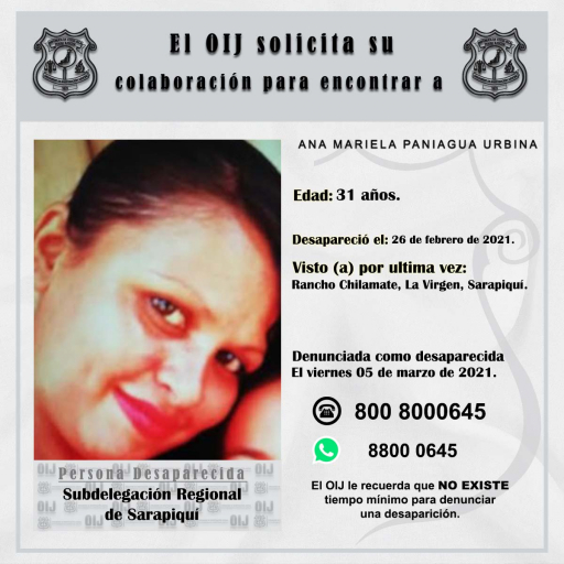 Desaparecida OIJ Sarapiquí: Ana Mariela Paniagua Urbina