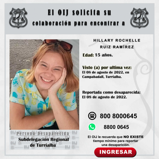 Desaparecida OIJ Turrialba: Hillary Rochelle Ruiz Ramírez