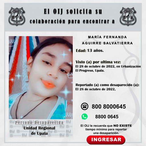 Desaparecida OIJ Upala: María Fernanda Aguirre Salvatierra