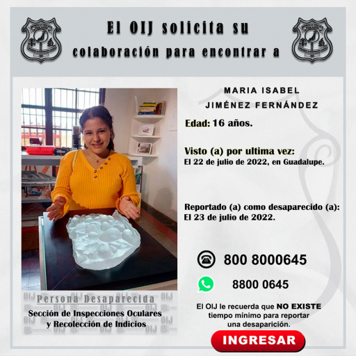 Desaparecida OIJ de San José: María Isabel Jiménez Fernández