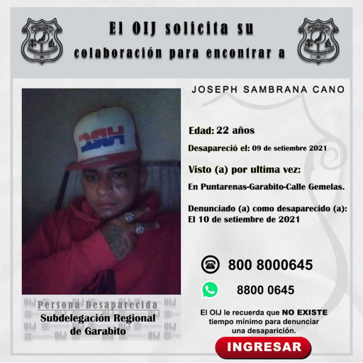 Desaparecido OIJ Garabito Jacó: Joseph Sambrana Cano