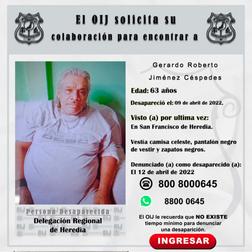 Desaparecido OIJ Heredia: Gerardo Roberto Jiménez Céspedes