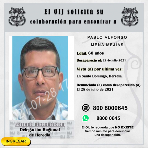 Desaparecido OIJ Heredia: Pablo Alfonso Mena Mejías