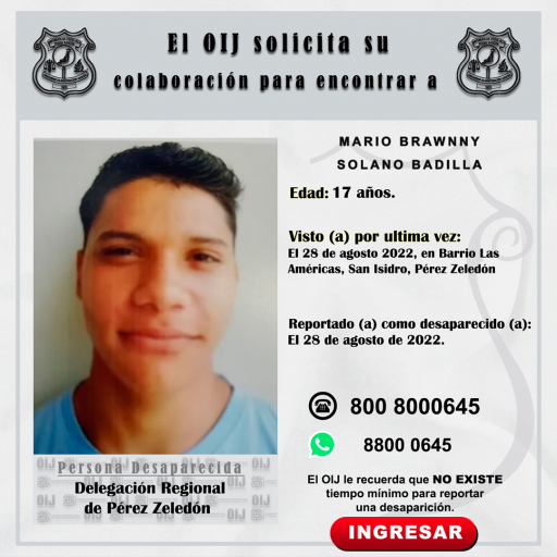 Desaparecido OIJ Pérez Zeledón: Mario Brawnny Solano Badilla