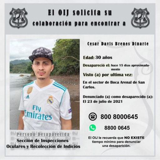 Desaparecido OIJ San Carlos: Cesar Davis Brenes Dinarte