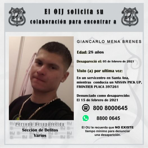 Desaparecido OIJ San José: Giancarlo Mena Brenes