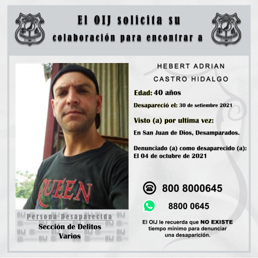 Desaparecido OIJ San José: Hebert Adrián Castro Hidalgo