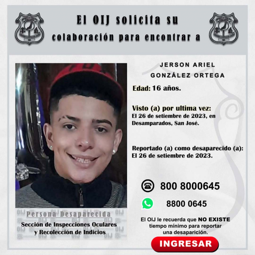 Desaparecido OIJ San José: JERSON ARIEL GONZÁLEZ ORTEGA