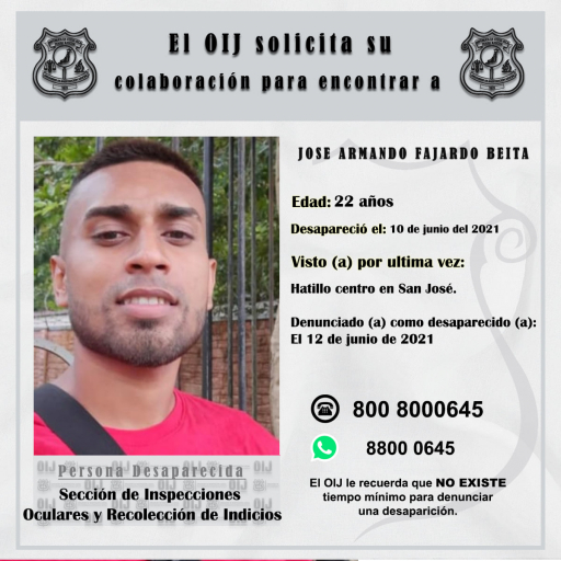 Desaparecido OIJ San José: Jose Armando Fajardo Beita