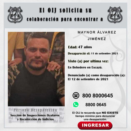 Desaparecido OIJ San José: Maynor Álvarez Jiménez
