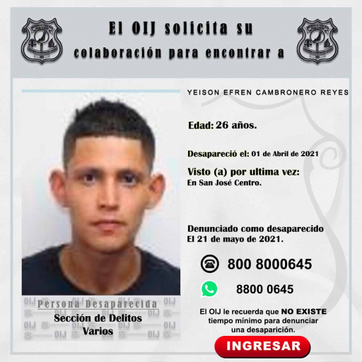Desaparecido OIJ San José: Yeison Efren Cambronero Reyes