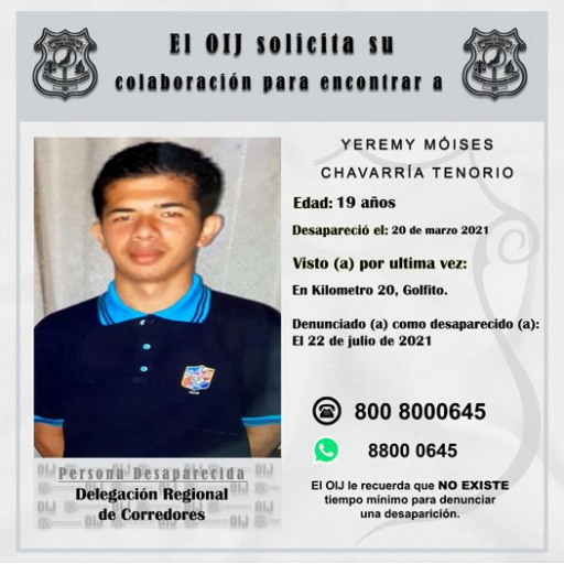 Desaparecido OIJ San Ramón: Yeremy Móises Chavarría Tenorio