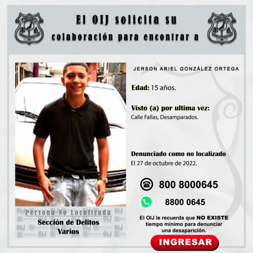 No Localizado OIJ San José: Jerson Ariel González Ortega