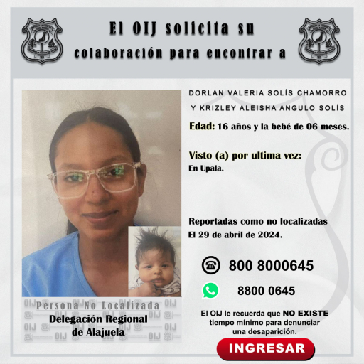 No localizada OIJ Alajuela: DORLAN VALERIA SOLÍS CHAMORRO y KRIZLEY ALEISHA ANGULO SOLÍS