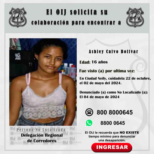 No localizada OIJ Corredores: Ashley Calvo Bolivar