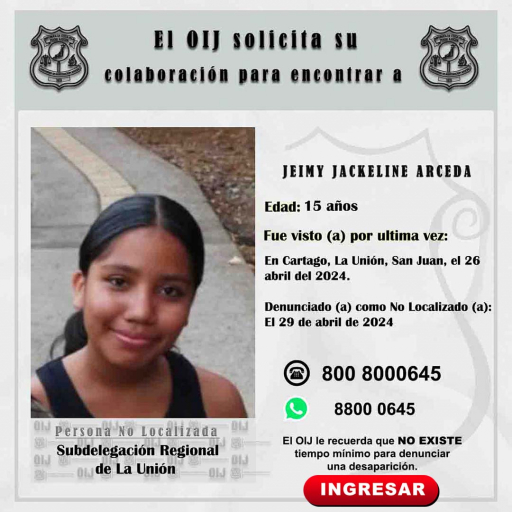 No localizada OIJ La Unión: Jeimy Jackeline Arceda