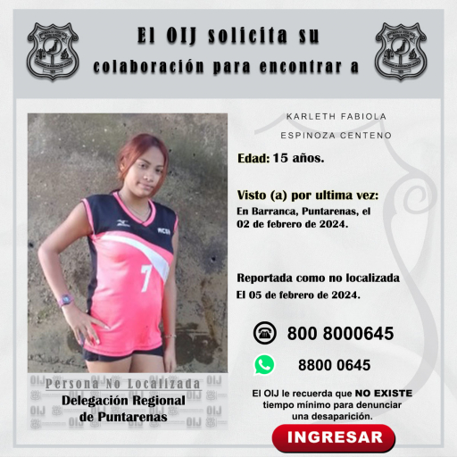 No localizada OIJ Puntarenas: Karleth Fabiola Espinoza Centeno