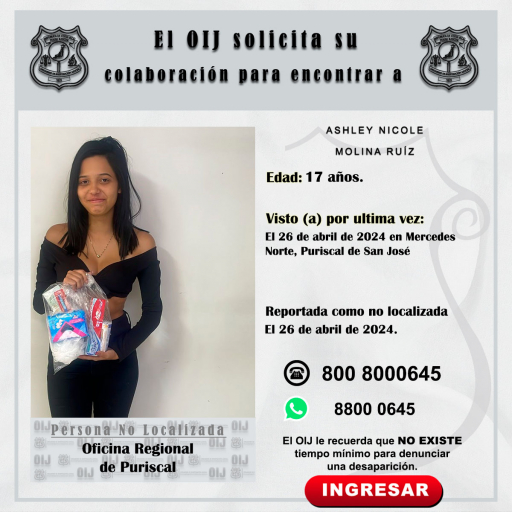 No localizada OIJ Puriscal: Ashley Nicole Molina Ruíz