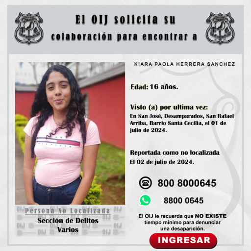 No localizada OIJ San José: Kiara Paola Herrera Sánchez