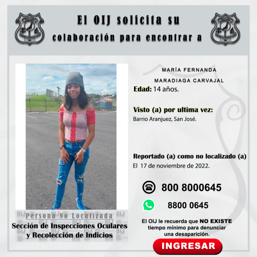 No localizada OIJ San José: María Fernanda Maradiaga Carvajal