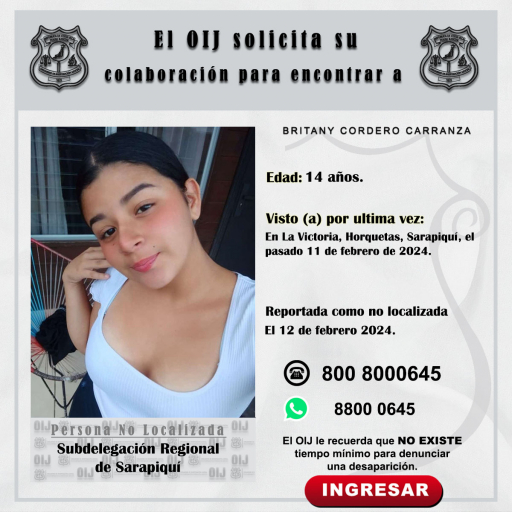 No localizada OIJ Sarapiquí: Britany Cordero Carranza