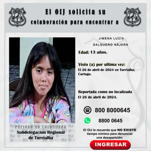 No localizada OIJ Turrialba: Jimena Lucía Salguero Nájera