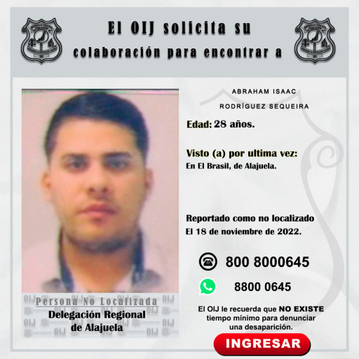 No localizado OIJ Alajuela: Abraham Isaac Rodríguez Sequeira