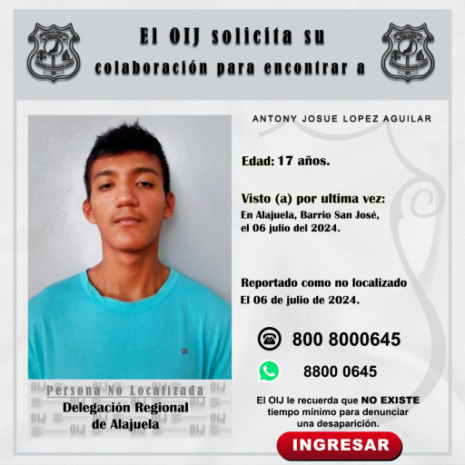 No localizado OIJ Alajuela: Antony Josué López Aguilar