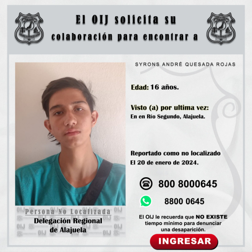 No localizado OIJ Alajuela: SYRONS ANDRÉ QUESADA ROJAS