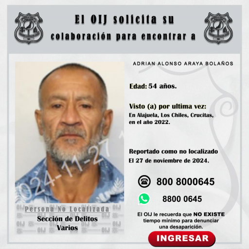 No localizado OIJ San José: Adrían Alonso Araya Bolaños