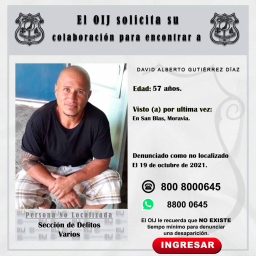 No localizado OIJ San José: David Alberto Gutiérrez Díaz