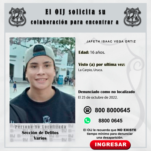 No localizado OIJ San José: Jafeth Isaac Vega Ortiz