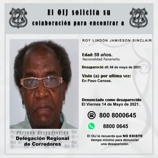 Persona desaparecida OIJ Corredores: Roy Lindon Jamieson Sinclair