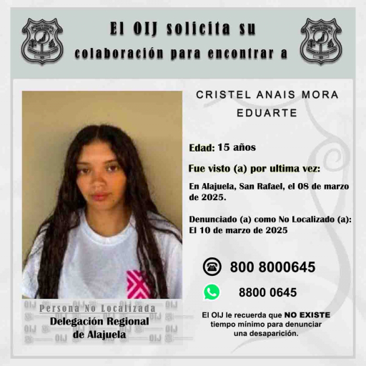 No localizada OIJ Alajuela: Cristel Anaís Mora Eduarte