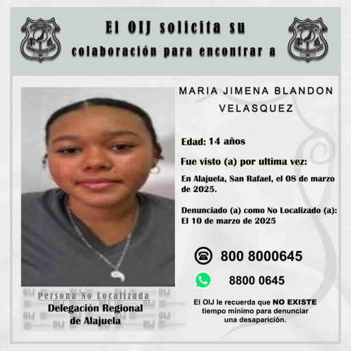 No localizada OIJ Alajuela: María Jimena Blandón Velásquez