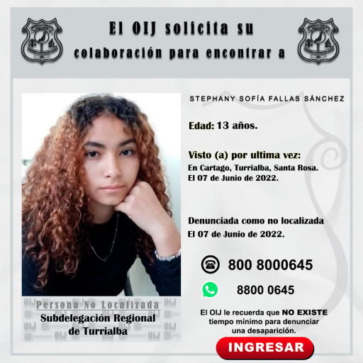 No localizada OIJ Turrialba: Stephany Sofía Fallas Sánchez