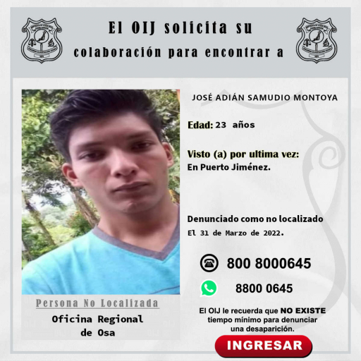 No localizado OIJ Osa: José Adián Samudio Montoya