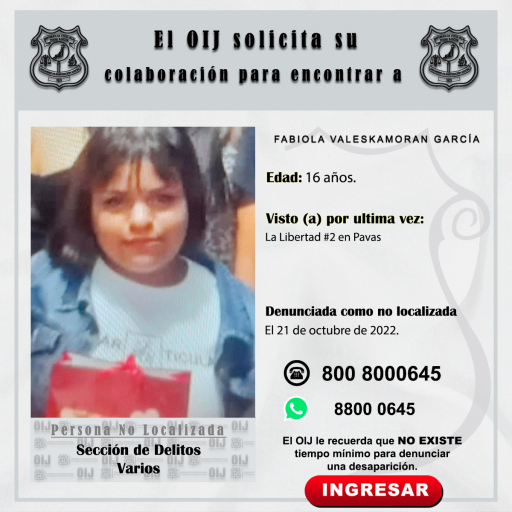 No Localizada OIJ San José: Moran García Fabiola Valeska