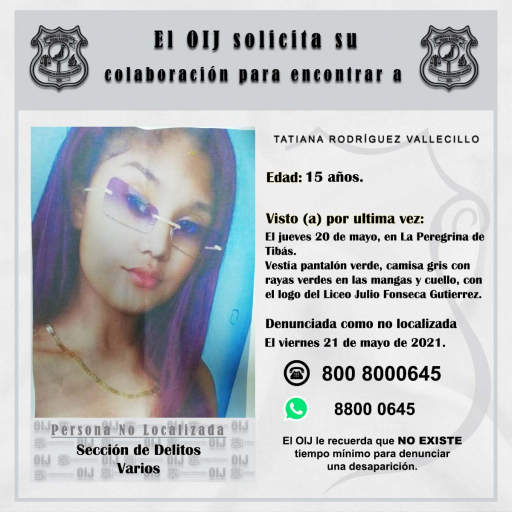 No Localizada OIJ San José: Tatiana Rodríguez Vallecillo